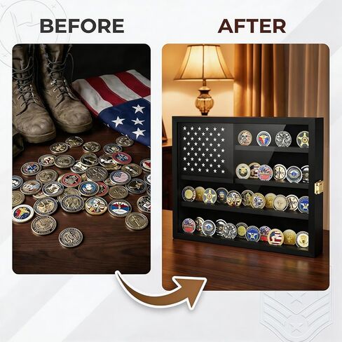 حافظة عرض العملات المعدنية من تشالينج، عرض حامل العملات المعدنية العسكرية مع تصميم العلم الأمريكي وحجرة تخزين مخفية، عرض حائط خشبي للعملات المعدنية لـ 46 عملة معدنية، حامل العملات المعدنية لهواة الجمع - أسود in Kuwait