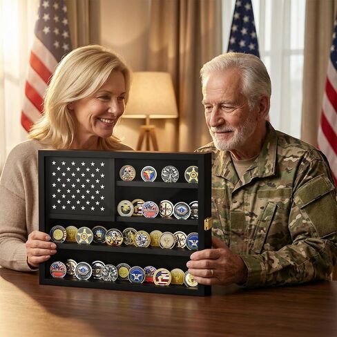 حافظة عرض العملات المعدنية من تشالينج، عرض حامل العملات المعدنية العسكرية مع تصميم العلم الأمريكي وحجرة تخزين مخفية، عرض حائط خشبي للعملات المعدنية لـ 46 عملة معدنية، حامل العملات المعدنية لهواة الجمع - أسود in Kuwait