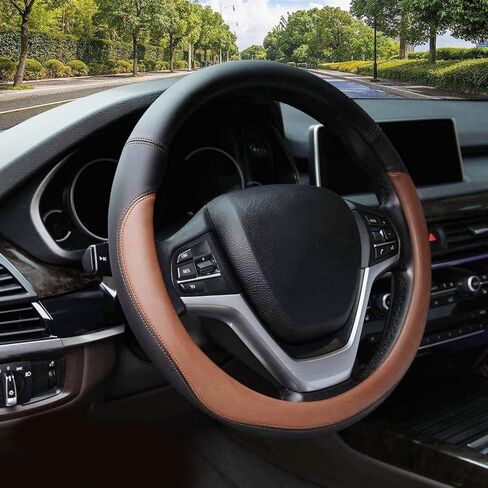Sporty PU Leather Car Steering Wheel Cover for Men Women14.5-15" Universal Non-Slip Lining Black Auto Steering Wheel Cover for Car Truck Pickup SUV (Black Brown) in Kuwait