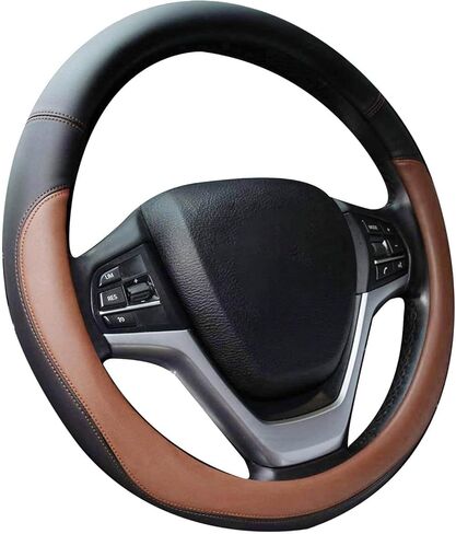 Sporty PU Leather Car Steering Wheel Cover for Men Women14.5-15" Universal Non-Slip Lining Black Auto Steering Wheel Cover for Car Truck Pickup SUV (Black Brown) in Kuwait