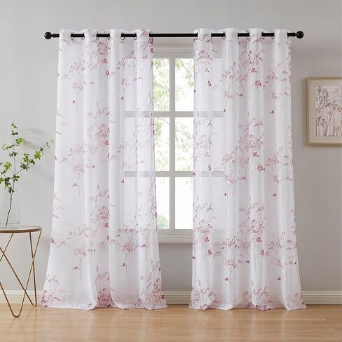 LinenZone Sheer Printed White Curtains with Pink Leaf Design. White Farmhouse Curtains for Living Room. (Katia 54 x 84, Pink) in Kuwait