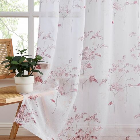 LinenZone Sheer Printed White Curtains with Pink Leaf Design. White Farmhouse Curtains for Living Room. (Katia 54 x 84, Pink) in Kuwait