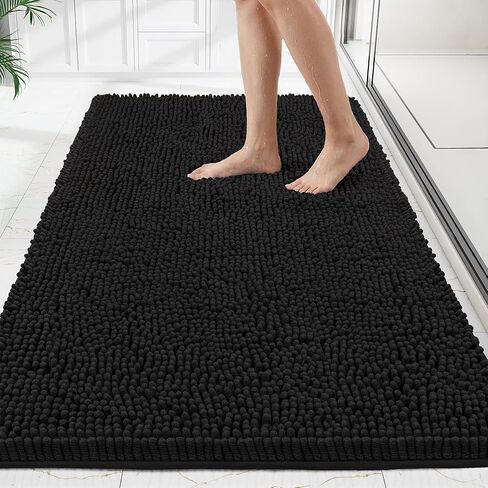 Bathroom Rugs Mat 72 x 36, Thick Soft Absorbent Chenille Bath Rugs, Rubber Backing Bath Mats for Bathroom Floor, Tub, Shower, Bedroom, Home Decor Accessories, Quick Dry Machine Washable, Black in Kuwait