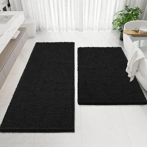 Bathroom Rugs Mat 72 x 36, Thick Soft Absorbent Chenille Bath Rugs, Rubber Backing Bath Mats for Bathroom Floor, Tub, Shower, Bedroom, Home Decor Accessories, Quick Dry Machine Washable, Black in Kuwait