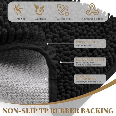 Bathroom Rugs Mat 72 x 36, Thick Soft Absorbent Chenille Bath Rugs, Rubber Backing Bath Mats for Bathroom Floor, Tub, Shower, Bedroom, Home Decor Accessories, Quick Dry Machine Washable, Black in Kuwait