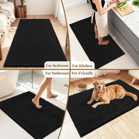Bathroom Rugs Mat 72 x 36, Thick Soft Absorbent Chenille Bath Rugs, Rubber Backing Bath Mats for Bathroom Floor, Tub, Shower, Bedroom, Home Decor Accessories, Quick Dry Machine Washable, Black in Kuwait