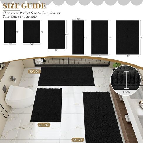 Bathroom Rugs Mat 72 x 36, Thick Soft Absorbent Chenille Bath Rugs, Rubber Backing Bath Mats for Bathroom Floor, Tub, Shower, Bedroom, Home Decor Accessories, Quick Dry Machine Washable, Black in Kuwait