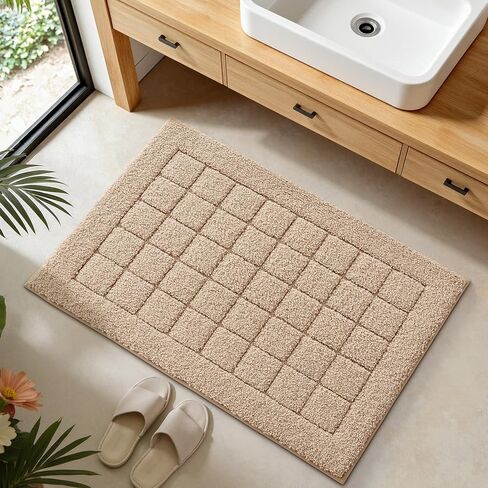 LUMI Modern Bathroom Rug, Washable Soft Absorbent Non Slip Bath Mat, Quick Dry Microfiber Plush Comfort Rugs for Shower Room, Bathtub, 16"x24", Beige in Kuwait