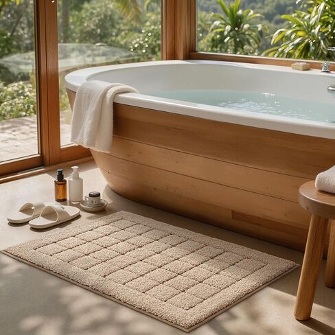 LUMI Modern Bathroom Rug, Washable Soft Absorbent Non Slip Bath Mat, Quick Dry Microfiber Plush Comfort Rugs for Shower Room, Bathtub, 16"x24", Beige in Kuwait