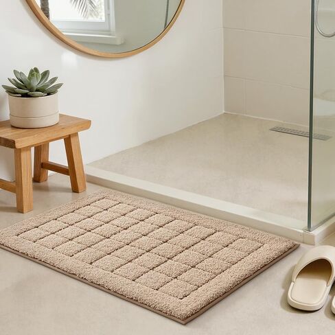 LUMI Modern Bathroom Rug, Washable Soft Absorbent Non Slip Bath Mat, Quick Dry Microfiber Plush Comfort Rugs for Shower Room, Bathtub, 16"x24", Beige in Kuwait