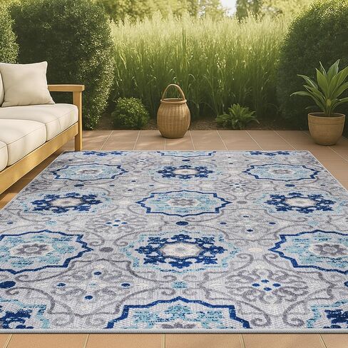 JONATHAN Y Mediterranean Medallion Indoor Outdoor Area Rug 8X10 Blue/Gray, Boho for Backyard, Patio, Porch, Easy-Cleaning, High Traffic, Pet-Friendly, Non-Shedding (AMC101A-8) in Saudi Arabia