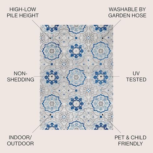 JONATHAN Y Mediterranean Medallion Indoor Outdoor Area Rug 8X10 Blue/Gray, Boho for Backyard, Patio, Porch, Easy-Cleaning, High Traffic, Pet-Friendly, Non-Shedding (AMC101A-8) in Saudi Arabia