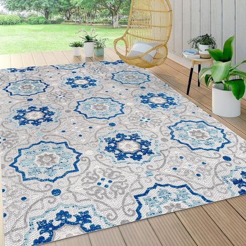 JONATHAN Y Mediterranean Medallion Indoor Outdoor Area Rug 8X10 Blue/Gray, Boho for Backyard, Patio, Porch, Easy-Cleaning, High Traffic, Pet-Friendly, Non-Shedding (AMC101A-8) in Saudi Arabia