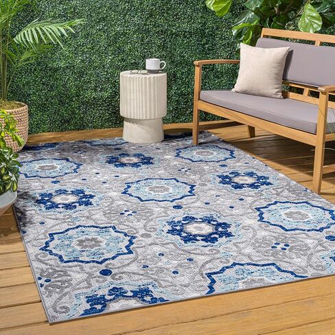 JONATHAN Y Mediterranean Medallion Indoor Outdoor Area Rug 8X10 Blue/Gray, Boho for Backyard, Patio, Porch, Easy-Cleaning, High Traffic, Pet-Friendly, Non-Shedding (AMC101A-8) in Saudi Arabia