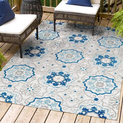 JONATHAN Y Mediterranean Medallion Indoor Outdoor Area Rug 8X10 Blue/Gray, Boho for Backyard, Patio, Porch, Easy-Cleaning, High Traffic, Pet-Friendly, Non-Shedding (AMC101A-8) in Saudi Arabia
