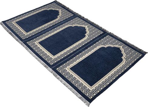 Modefa Turkish Islamic Prayer Mat - Wide Chenille Praying Mat - Multi Person Muslim Janamaz Sajada for Family - Large Gathering & Group Praying Carpet - Selcuk Star 3 Person (Navy Blue) in Saudi Arabia