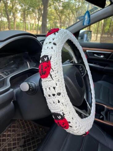 Crochet Ladybug Car Steering Wheel Cover,Cute Seatbelt Cover,Women Car Accessories (Wheel Cover+Rainbow) in Kuwait