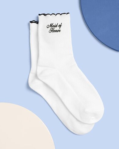 xo, Fetti Maid of Honor Sock - White Ribbed Socks with Black Embroidery | Maid of Honor Gift, Bridal Party Socks, Bachelorette Party, Wedding Day Gift, Bridal Shower, Getting Ready Outfit in Saudi Arabia