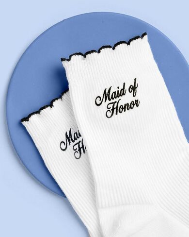 xo, Fetti Maid of Honor Sock - White Ribbed Socks with Black Embroidery | Maid of Honor Gift, Bridal Party Socks, Bachelorette Party, Wedding Day Gift, Bridal Shower, Getting Ready Outfit in Saudi Arabia