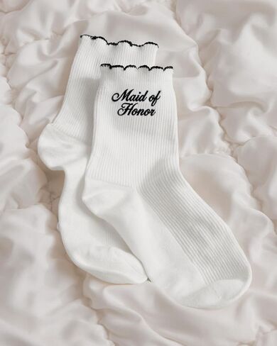 xo, Fetti Maid of Honor Sock - White Ribbed Socks with Black Embroidery | Maid of Honor Gift, Bridal Party Socks, Bachelorette Party, Wedding Day Gift, Bridal Shower, Getting Ready Outfit in Saudi Arabia