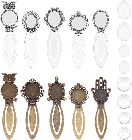 20Pcs 10 Styles Vintage Bookmark Pendant Tray Kit Include 10Pcs Oval Round Metal Bookmark Cabochon Setting with 10Pcs Clear Glass Cabochon Alloy Cabochons Book Mark Blank Bezels in Kuwait