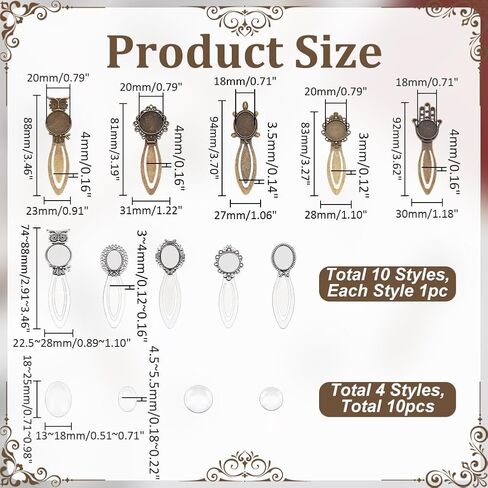 20Pcs 10 Styles Vintage Bookmark Pendant Tray Kit Include 10Pcs Oval Round Metal Bookmark Cabochon Setting with 10Pcs Clear Glass Cabochon Alloy Cabochons Book Mark Blank Bezels in Kuwait