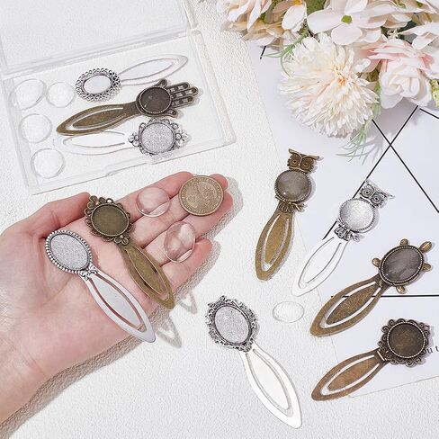 20Pcs 10 Styles Vintage Bookmark Pendant Tray Kit Include 10Pcs Oval Round Metal Bookmark Cabochon Setting with 10Pcs Clear Glass Cabochon Alloy Cabochons Book Mark Blank Bezels in Kuwait