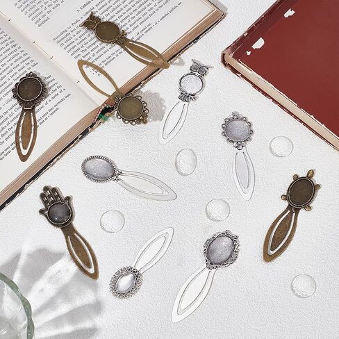 20Pcs 10 Styles Vintage Bookmark Pendant Tray Kit Include 10Pcs Oval Round Metal Bookmark Cabochon Setting with 10Pcs Clear Glass Cabochon Alloy Cabochons Book Mark Blank Bezels in Kuwait