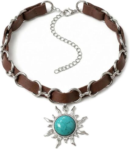 Tiger Eye Necklace, Sun Pendant Necklace with Adjustable Brown Leather Choker Necklace for Women, Goth Necklace, Grunge Hippie Jewelry Gift (Tiger Eye) in Kuwait