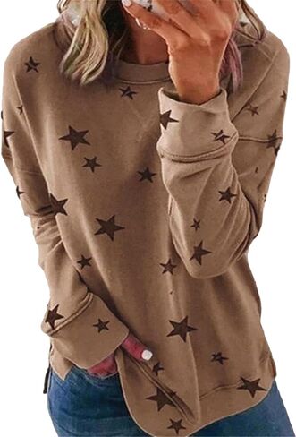 OMZIN Women's Casual Star Pattern Tops Side Split Pullover Blouse Long Sleeve Spring Sweatshirt in Kuwait