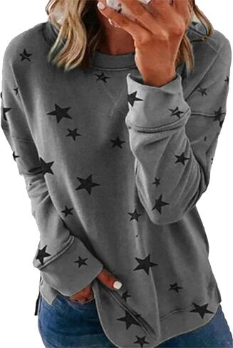 OMZIN Women's Casual Star Pattern Tops Side Split Pullover Blouse Long Sleeve Spring Sweatshirt in Saudi Arabia