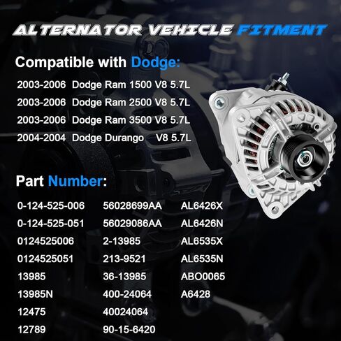 New Alternator Replacement for 2003 2004 2005 2006 Dodge Ram 1500 2500 3500 V8 5.7L, 2004 Durango V8 5.7 5.7L 12V 136Amp, Replace OE 13985, 0-124-525-006, 0-124-525-051, 400-24064, 56028699AA in Saudi Arabia