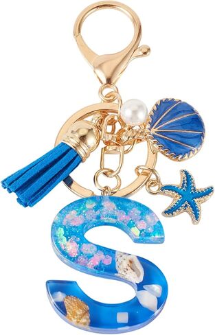 1Pc Ocean Resin Letter Pendant Keychain Glitter Powder Decoration with Tassel Charm for Summer Gifts Purse Bag Accessory in Saudi Arabia