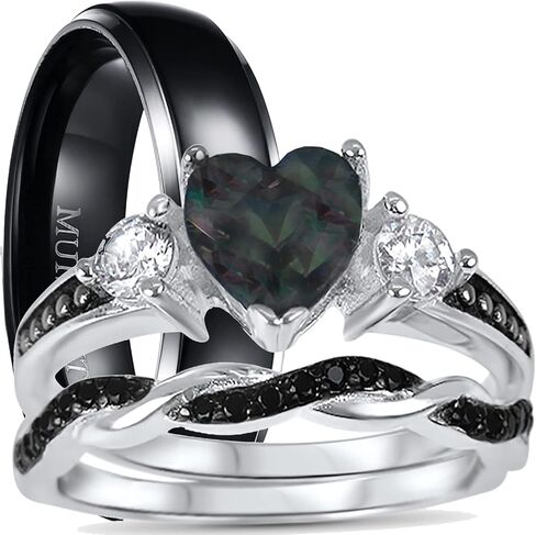 His Hers Wedding Ring Set TRIO 3 PCS Simulated Black Topaz Bridal Set Silver Black Titanium Him Her in Saudi Arabia