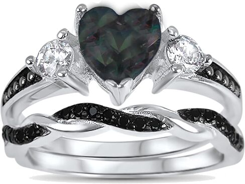 His Hers Wedding Ring Set TRIO 3 PCS Simulated Black Topaz Bridal Set Silver Black Titanium Him Her in Saudi Arabia