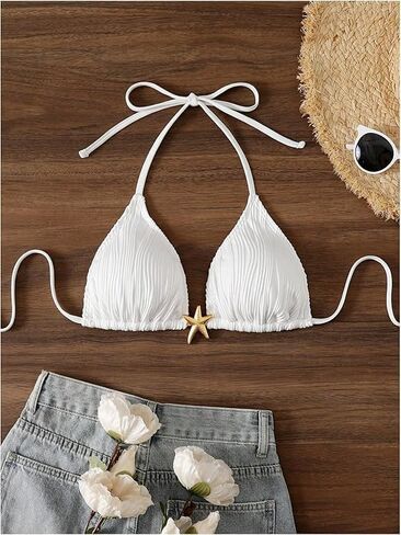 Women's Boho Starfish Halter Bikini Top Only Textured Triangle String Swimsuit Tops White in Saudi Arabia