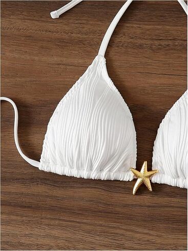 Women's Boho Starfish Halter Bikini Top Only Textured Triangle String Swimsuit Tops White in Saudi Arabia