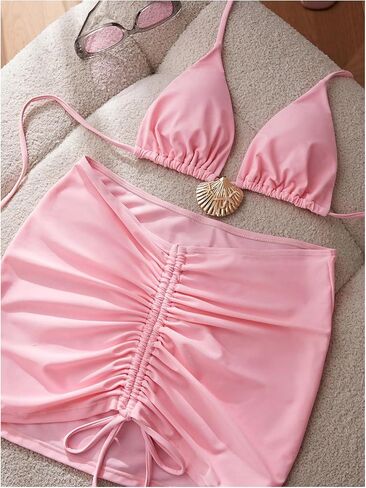Women's 3 Piece Shell Decor Cheeky Bikini Set Triangle String Thong Swimsuit with Beach Sarong in Saudi Arabia