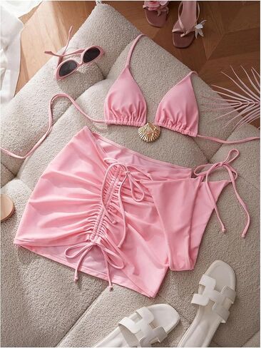 Women's 3 Piece Shell Decor Cheeky Bikini Set Triangle String Thong Swimsuit with Beach Sarong in Saudi Arabia