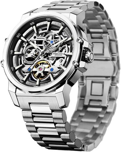 FORSINING Men's Luxury Automatic Skeleton Mechanical Watch, Industrial Style Self-Winding Hollow Watches with Tourbillon & Luminous Function, Stainless Steel Strap Mens Wristwatch in Saudi Arabia