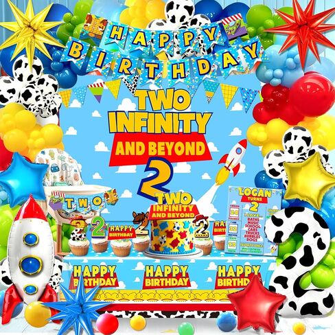 Two Infinity and Beyond Birthday Decorations，Toy Inspired Story 2nd Birthday Decorations Balloon Garland Arch Backdrop Highchair Banner Tablecloth Cake Topper for Boy 2nd Birthday Party in Saudi Arabia