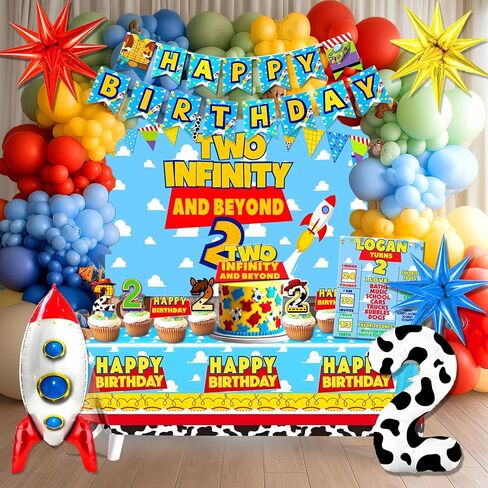 Two Infinity and Beyond Birthday Decorations，Toy Inspired Story 2nd Birthday Decorations Balloon Garland Arch Backdrop Highchair Banner Tablecloth Cake Topper for Boy 2nd Birthday Party in Saudi Arabia