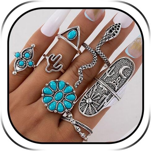 Harry and Henry Turquoise Ring Set Western Jewelry for Women Vintage Western Rings Set Boho Rings Knuckle Stackable Rings Trendy Stuff Turquoise Jewelry for Women in Kuwait