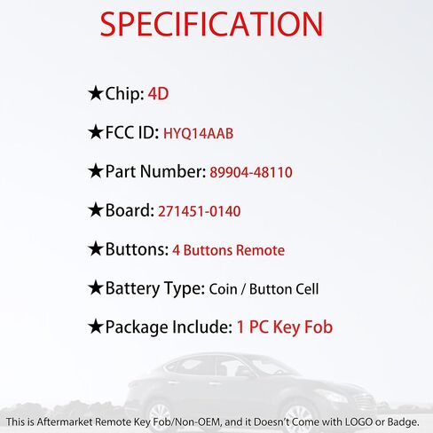 استبدال MechanMagic Smart Key Fob يناسب Toyota Highlander 2007-2014 دخول بدون مفتاح للتحكم عن بعد، تشغيل دفع 4 أزرار FCC ID: HYQ14AAB 271451-0140 Board PN: 89904-48110 SUV in Kuwait