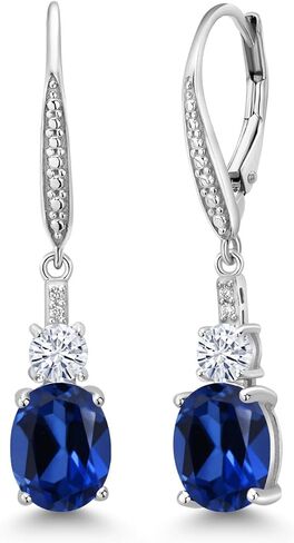 أقراط متدلية من الفضة الإسترلينية عيار 925 من Gem Stone King وأحجار كريمة ومويسانتي أبيض وأقراط متدلية من الماس المزروع في المختبر للنساء | بيضاوي 9 × 7 مم، دائري 4 مم و1 مم | إغلاق أنيق بظهر الرافعة in Kuwait