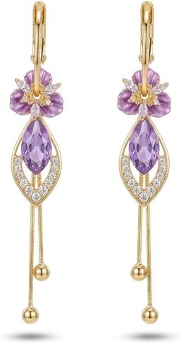 Gold Purple Flower Dangle Earrings for Women 14K Hypoallergenic Cubic Zirconia Elegant Chandelier Drop Statement Jewelry Gifts Fashion in Saudi Arabia