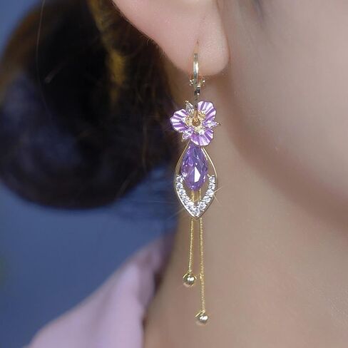 Gold Purple Flower Dangle Earrings for Women 14K Hypoallergenic Cubic Zirconia Elegant Chandelier Drop Statement Jewelry Gifts Fashion in Saudi Arabia