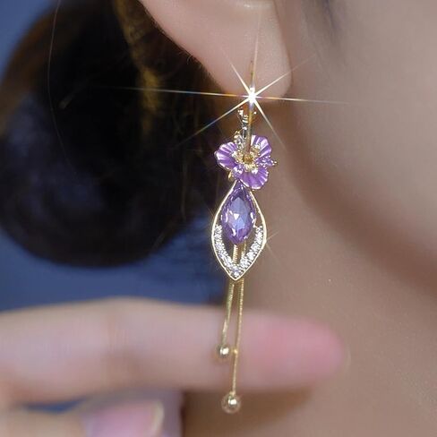 Gold Purple Flower Dangle Earrings for Women 14K Hypoallergenic Cubic Zirconia Elegant Chandelier Drop Statement Jewelry Gifts Fashion in Saudi Arabia
