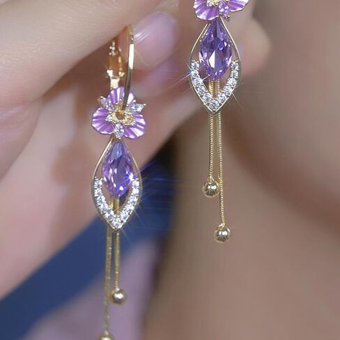 Gold Purple Flower Dangle Earrings for Women 14K Hypoallergenic Cubic Zirconia Elegant Chandelier Drop Statement Jewelry Gifts Fashion in Saudi Arabia