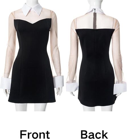 CORIRESHA Women's Sheer Mesh Splicing Peter Pan Collar Long Sleeve A-Line Office Colorblock Dress in Saudi Arabia